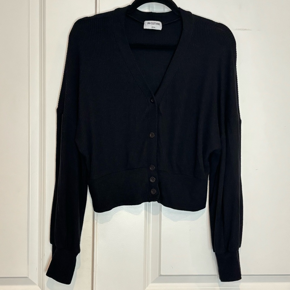 LNA Clothing Black Ribbed V-neck Balloon Sleeve Knit Cardigan Top M